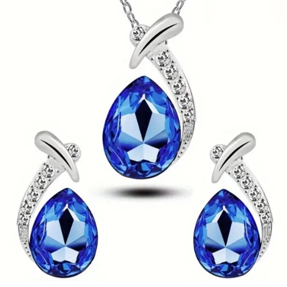 Exquisite 925 Sterling Silver Teardrop Necklace & Matching Earrings Jewelry Set